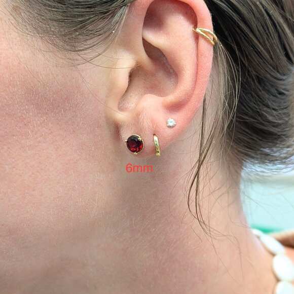 Red Garnet Studs Solid 14K Gold | 6mm Solitaire Studs | 4-8mm sizes available - Picture 3 of 10